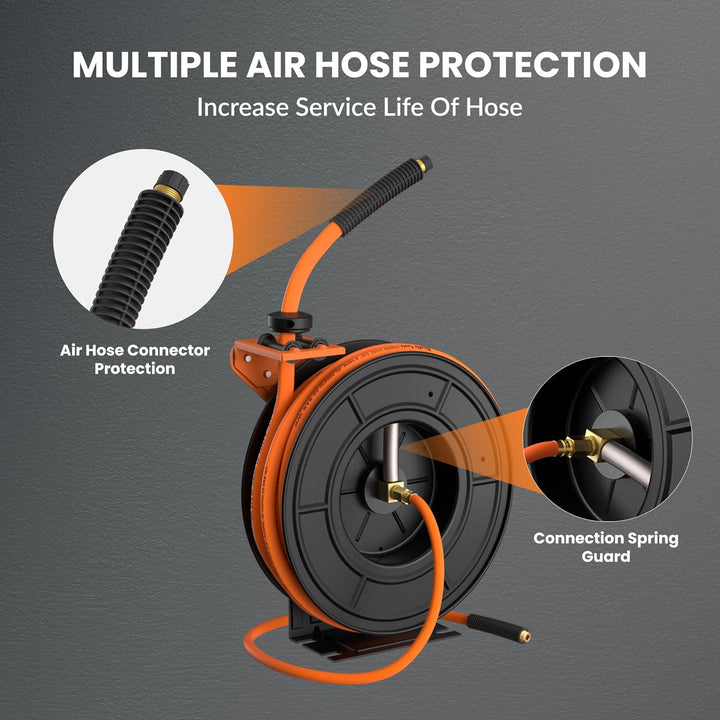 Giraffe Tools TA15B Air Hose Reel Retractable Wall Mount 3/8" x 50 ft Hybrid Hose, Air Compressor Heavy Duty Steel Reel Auto Rewind 300PSI, Tangelo - Just Closeouts Canada Inc.