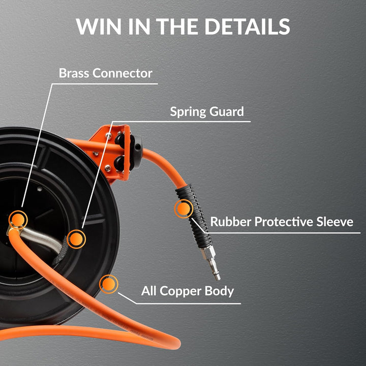 Giraffe Tools TA15B Air Hose Reel Retractable Wall Mount 3/8" x 50 ft Hybrid Hose, Air Compressor Heavy Duty Steel Reel Auto Rewind 300PSI, Tangelo - Just Closeouts Canada Inc.