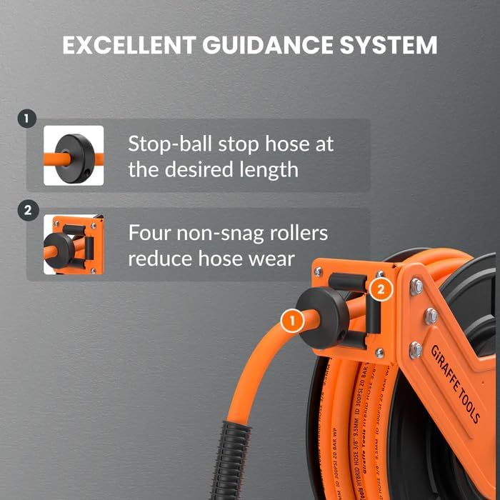 Giraffe Tools TA15B Air Hose Reel Retractable Wall Mount 3/8" x 50 ft Hybrid Hose, Air Compressor Heavy Duty Steel Reel Auto Rewind 300PSI, Tangelo - Just Closeouts Canada Inc.