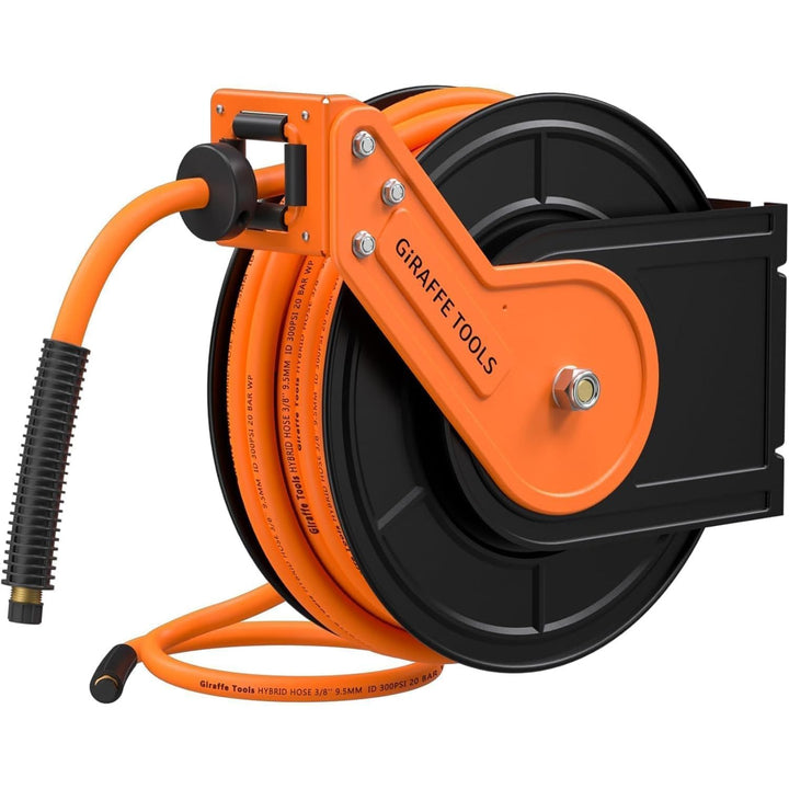 Giraffe Tools TA15B Air Hose Reel Retractable Wall Mount 3/8" x 50 ft Hybrid Hose, Air Compressor Heavy Duty Steel Reel Auto Rewind 300PSI, Tangelo - Just Closeouts Canada Inc.