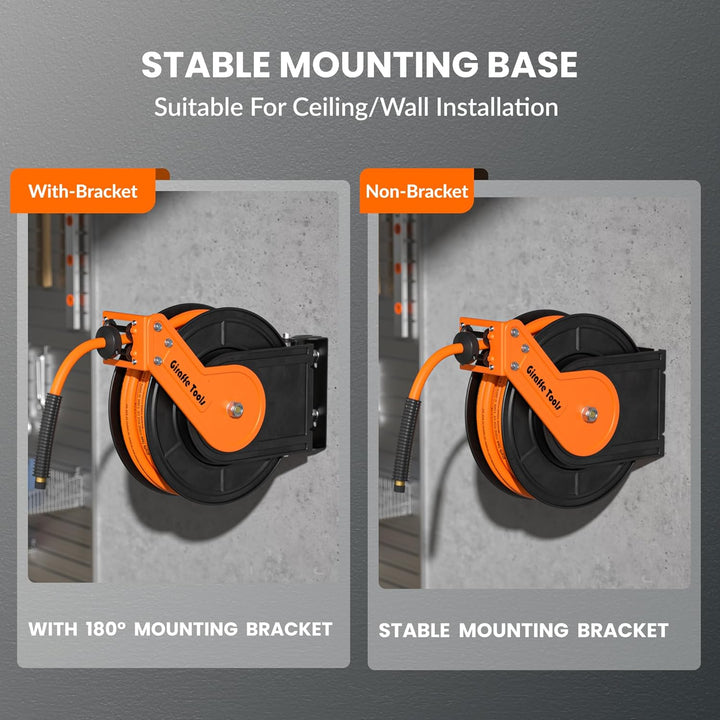 Giraffe Tools TA15B Air Hose Reel Retractable Wall Mount 3/8" x 50 ft Hybrid Hose, Air Compressor Heavy Duty Steel Reel Auto Rewind 300PSI, Tangelo - Just Closeouts Canada Inc.
