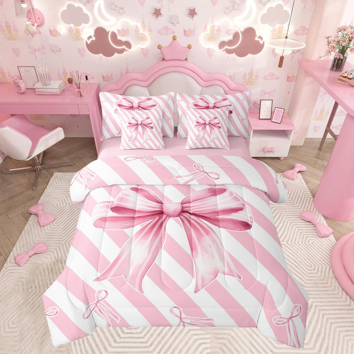 Girls Pink Bow Comforter Set with Sheets Cute Stripe Bowknot 7 Piece Bedding Set Twin Size for Kids Boys Girls Princess Geometric Bow-tie Bed in a Bag - Just Closeouts Canada Inc.X004NY4LEB