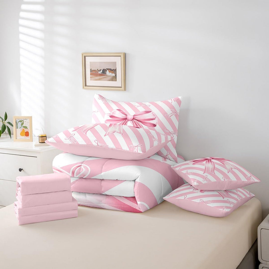 Girls Pink Bow Comforter Set with Sheets Cute Stripe Bowknot 7 Piece Bedding Set Twin Size for Kids Boys Girls Princess Geometric Bow-tie Bed in a Bag - Just Closeouts Canada Inc.X004NY4LEB