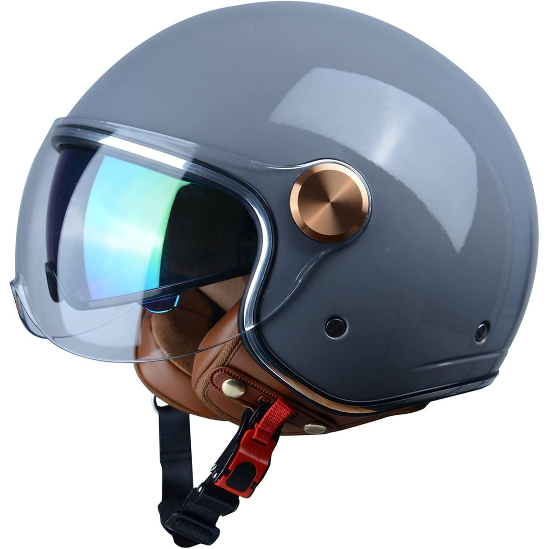 Glossy Grey Large Open-Face Motorcycle Helmet with Dual Visors - Just Closeouts Canada Inc.