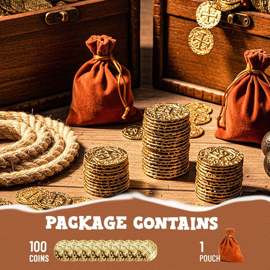 Gold Pirate Treasure Coins with Pouch – 100 Pieces - Just Closeouts Canada Inc.