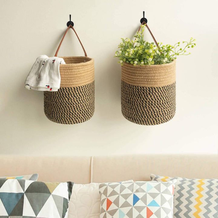 Goodpick 2pack Jute Hanging Basket, Wall Hanging Storage Baskets 7.87" x 7" Small Woven Basket Closet Storage Bins Shelf Basket for Keys Wallet Plants Towels, Toys, Jute Woven Basket - Just Closeouts Canada Inc.