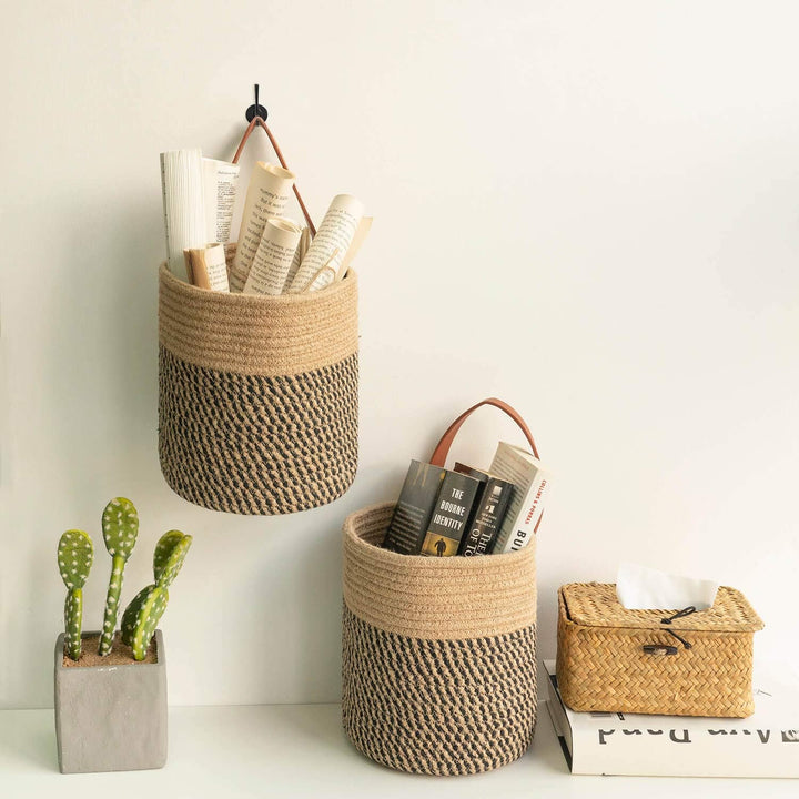 Goodpick 2pack Jute Hanging Basket, Wall Hanging Storage Baskets 7.87" x 7" Small Woven Basket Closet Storage Bins Shelf Basket for Keys Wallet Plants Towels, Toys, Jute Woven Basket - Just Closeouts Canada Inc.