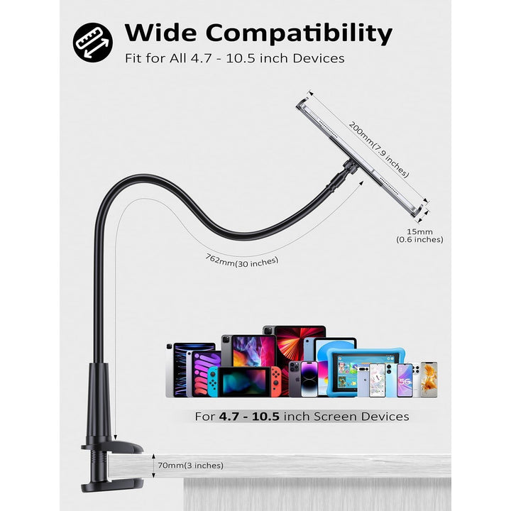 Gooseneck Tablet Holder Stand for Bed: Tryone Adjustable Flexible Arm Tablets Mount Clamp on Table Compatible with iPad Air Mini | Galaxy Tabs | Kindle Fire | Switch or Other 4.7 - 10.5" Devices(Black) - Just Closeouts Canada Inc.