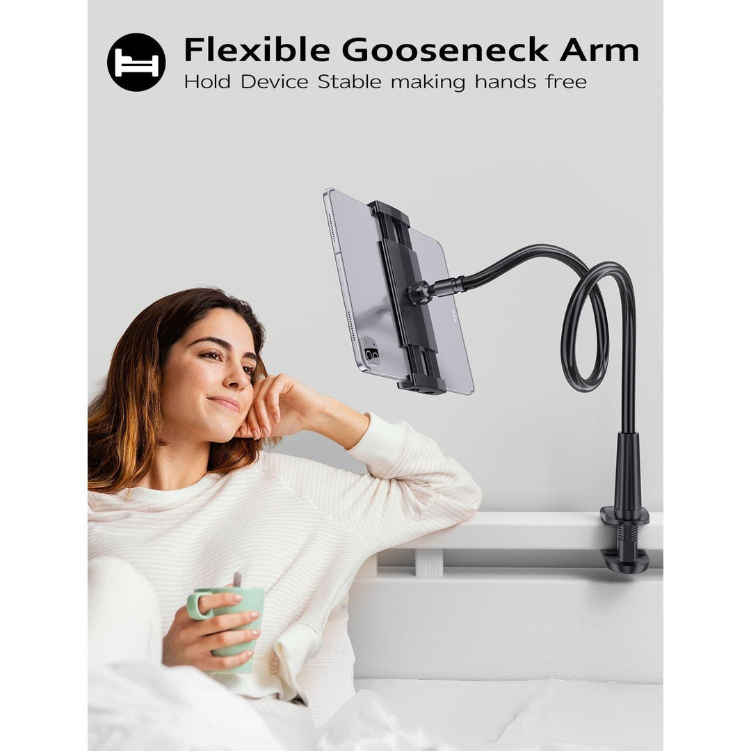 Gooseneck Tablet Holder Stand for Bed: Tryone Adjustable Flexible Arm Tablets Mount Clamp on Table Compatible with iPad Air Mini | Galaxy Tabs | Kindle Fire | Switch or Other 4.7 - 10.5" Devices(Black) - Just Closeouts Canada Inc.