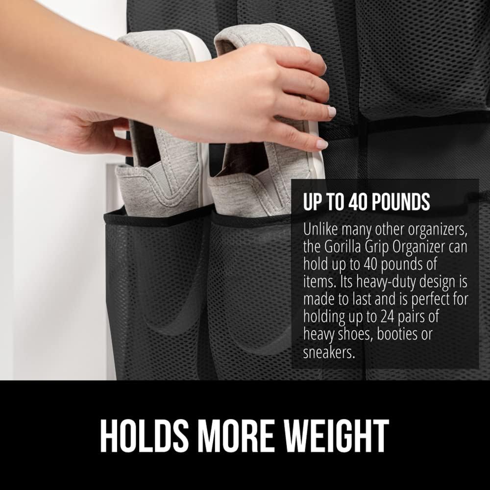 GORILLA GRIP Breathable Mesh Large 24 Pocket Shoe Organizer, 2 Pack, Holds Up to 40 Pounds, Sturdy Hooks, Space Saving, Over Door, Hangs on Closets for Shoes, Sneakers or Home Accessories, Black - Just Closeouts Canada Inc.