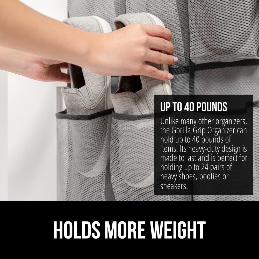GORILLA GRIP Breathable Mesh Large 24 Pocket Shoe Organizer, 2 Pack, Holds Up to 40 Pounds, Sturdy Hooks, Space Saving, Over Door, Hangs on Closets for Shoes, Sneakers or Home Accessories, Gray - Just Closeouts Canada Inc.