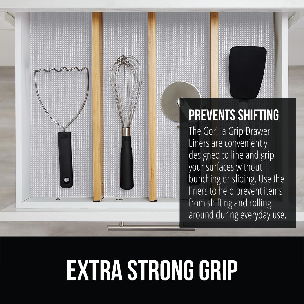 GORILLA GRIP Drawer and Shelf Liner, Strong Grip, Non Adhesive Easiest Install Mat, 12 IN x 20 FT, Durable Organization Liners, Kitchen Cabinets Drawers Cupboards, Bathroom Storage Shelves, Light Gray - Just Closeouts Canada Inc.
