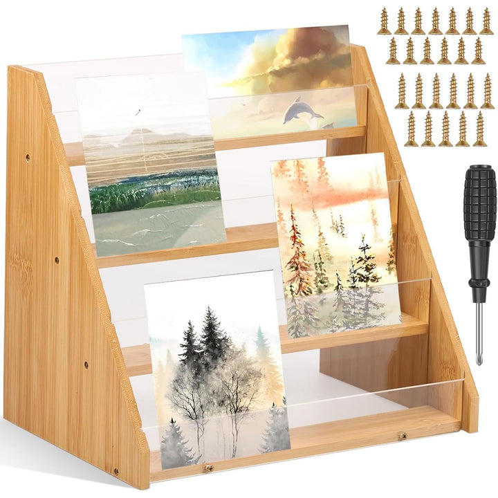 Greeting Card Display Stand, 4 Tier Bamboo and Acrylic Greeting Card Organizer Holder, Sticker Display Stand for Vendors, Stylish Card Display Stand Rack for Cards Postcards Brochure Photos Picture (Wood) - Just Closeouts Canada Inc.