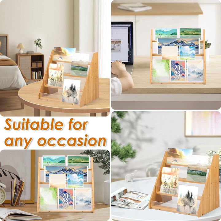 Greeting Card Display Stand, 4 Tier Bamboo and Acrylic Greeting Card Organizer Holder, Sticker Display Stand for Vendors, Stylish Card Display Stand Rack for Cards Postcards Brochure Photos Picture (Wood) - Just Closeouts Canada Inc.