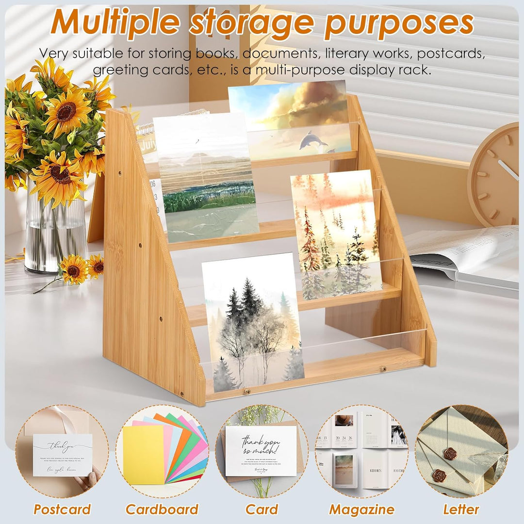 Greeting Card Display Stand, 4 Tier Bamboo and Acrylic Greeting Card Organizer Holder, Sticker Display Stand for Vendors, Stylish Card Display Stand Rack for Cards Postcards Brochure Photos Picture (Wood) - Just Closeouts Canada Inc.