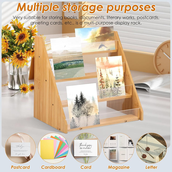 Greeting Card Display Stand, 4 Tier Bamboo and Acrylic Greeting Card Organizer Holder, Sticker Display Stand for Vendors, Stylish Card Display Stand Rack for Cards Postcards Brochure Photos Picture (Wood) - Just Closeouts Canada Inc.