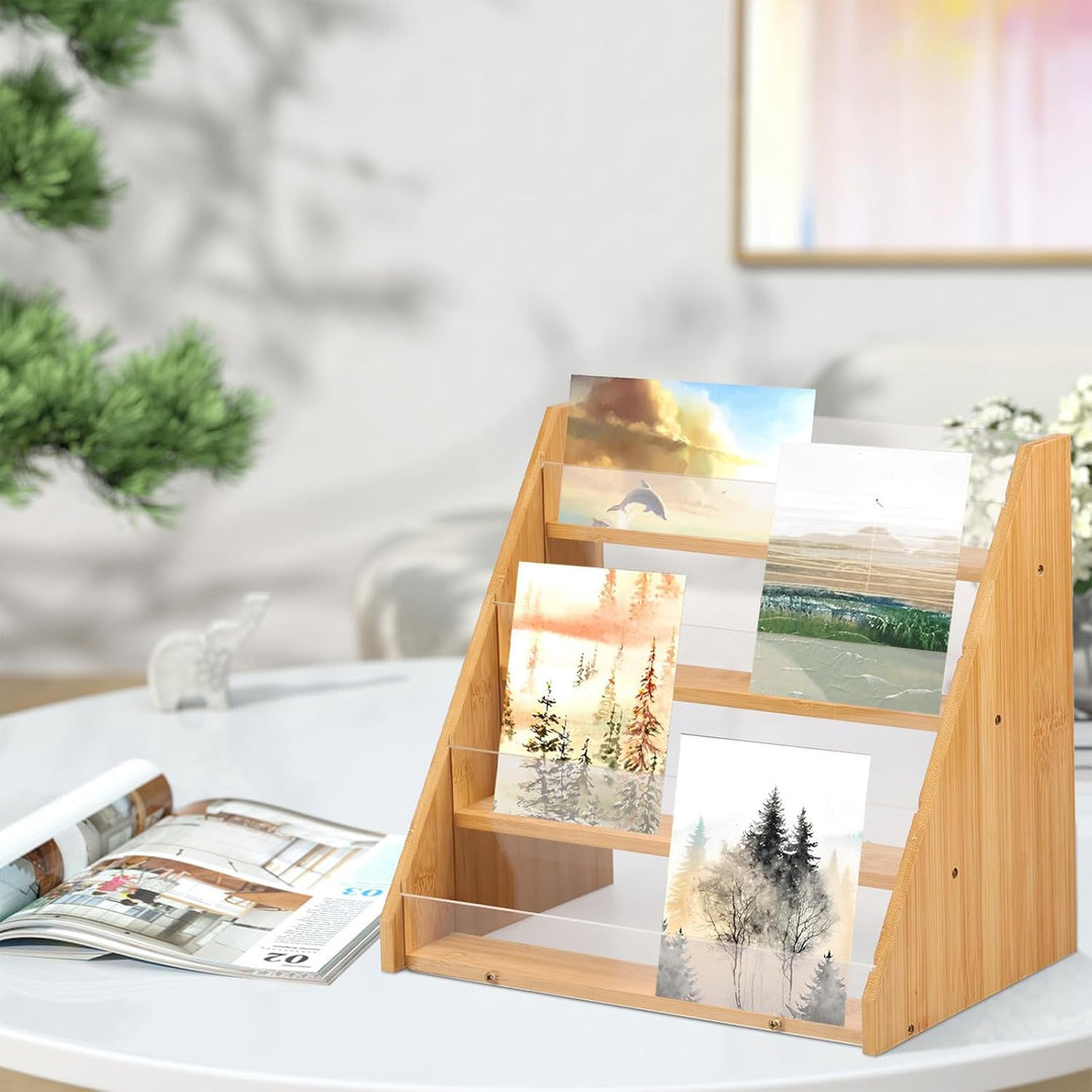 Greeting Card Display Stand, 4 Tier Bamboo and Acrylic Greeting Card Organizer Holder, Sticker Display Stand for Vendors, Stylish Card Display Stand Rack for Cards Postcards Brochure Photos Picture (Wood) - Just Closeouts Canada Inc.