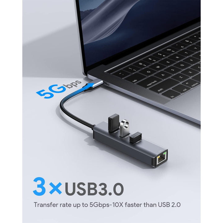 Grey 4-in-1 USB-C Hub with Gigabit Ethernet and 3 USB 3.0 Ports - Just Closeouts Canada Inc.