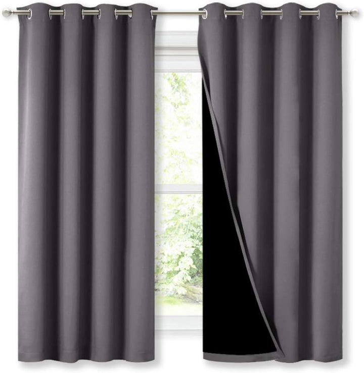Grey two-panel 52 x 63 in lined blackout curtains with grommets