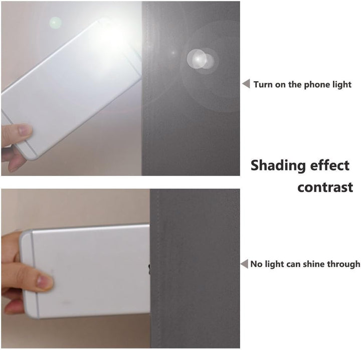 Grey black-lined curtain light-blocking fabric demonstration