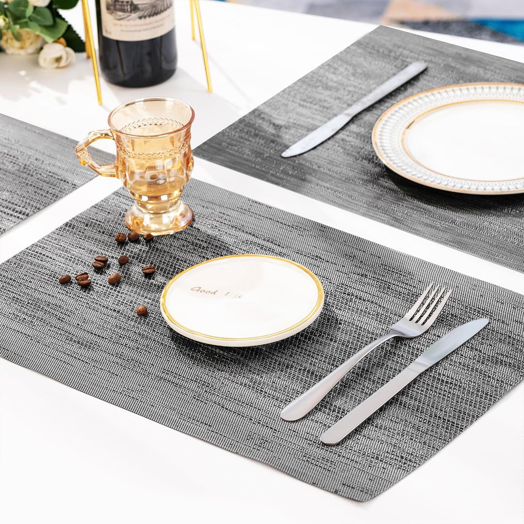 Grey Placemats, Heat Resistant Non - Slip Place mats for Dining Table, Washable Durable PVC Vinyl Woven Table Mats (Set of 6) - Just Closeouts Canada Inc.