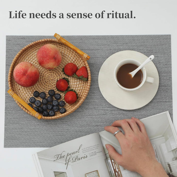 Grey Placemats, Heat Resistant Non - Slip Place mats for Dining Table, Washable Durable PVC Vinyl Woven Table Mats (Set of 6) - Just Closeouts Canada Inc.