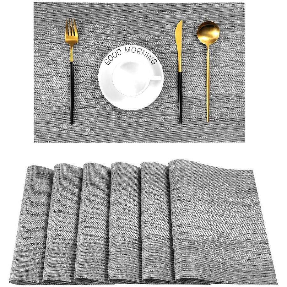 Grey Placemats, Heat Resistant Non - Slip Place mats for Dining Table, Washable Durable PVC Vinyl Woven Table Mats (Set of 6) - Just Closeouts Canada Inc.