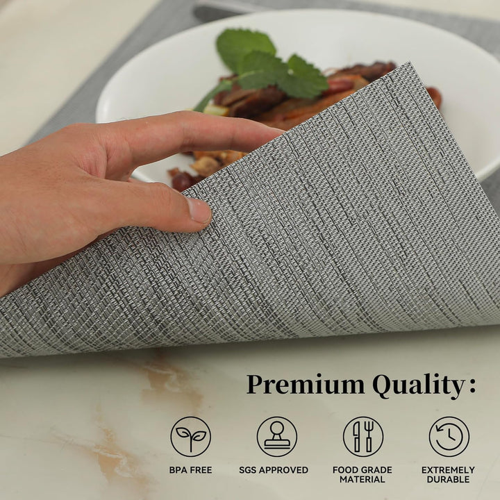 Grey Placemats, Heat Resistant Non - Slip Place mats for Dining Table, Washable Durable PVC Vinyl Woven Table Mats (Set of 6) - Just Closeouts Canada Inc.