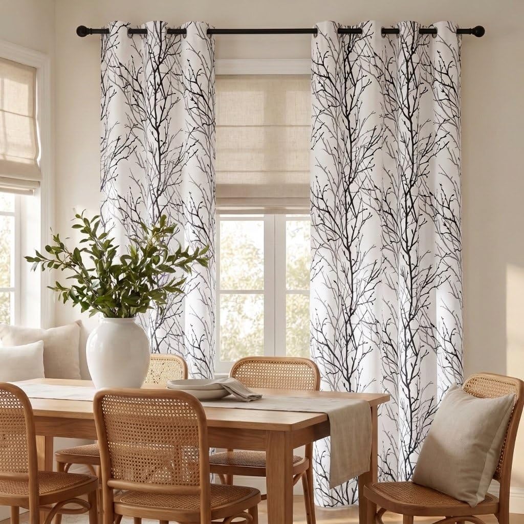 Greyish White Branch-Print Room-Darkening Grommet Curtains, 52 x 84 in, 2 Panels - Just Closeouts Canada Inc.