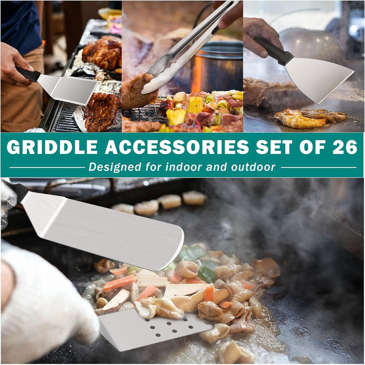 Griddle Accessories Set of 26, Heavy Duty Smash Burger Press Tools with Metal Griddle Spatula, Melting Dome for Cast Iron Flat Top Grill, Backyard BBQ - Just Closeouts Canada Inc.