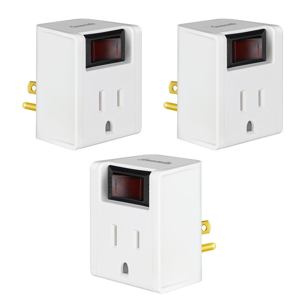 Grounded Single Port Power Adapter with On/Off Switch, 3Prong Electrical Plug Outlet Switch, 15A Circuit Breaker, 280J Surge Protector, White, UL Listed, 3Pack - Just Closeouts Canada Inc.X002HXAEK5