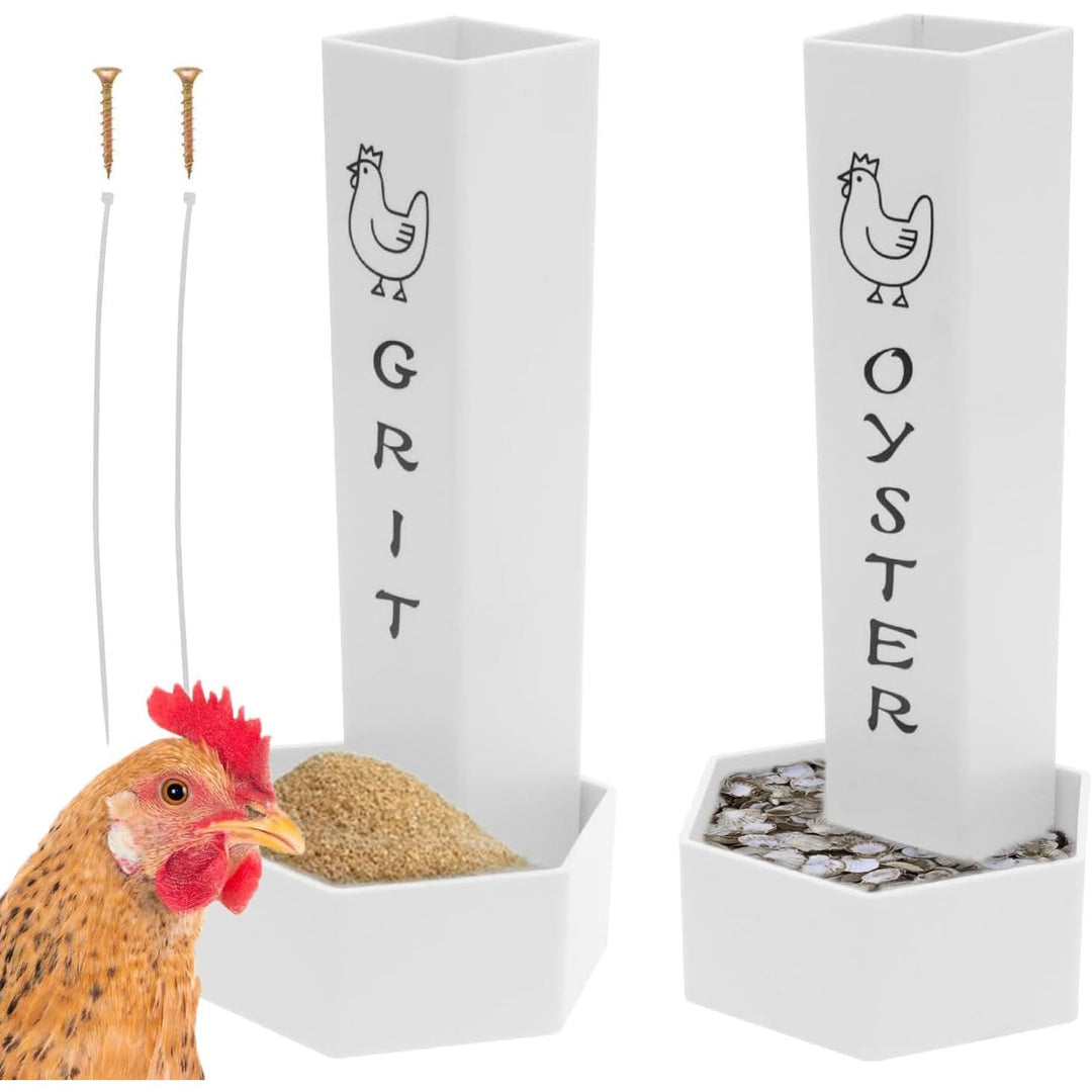 Two white hanging poultry grit and oyster shell feeders