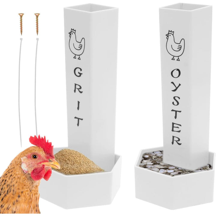 Two white hanging poultry grit and oyster shell feeders