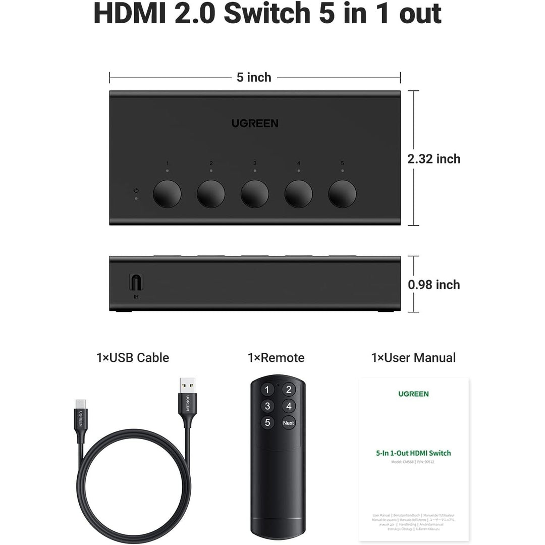 HDMI Switch 5 in 1 Out 4K@60Hz, HDMI 2.0 Switcher 5 Port with IR Remote Selector Box 4K HDR 3D Dolby Vision Atmos CEC HDCP2.2, Compatible with PS5 4 3 Xbox Switch TV Black - Just Closeouts Canada Inc.X004YWYMOB