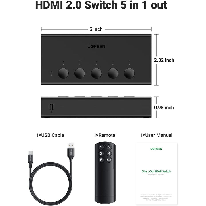 HDMI Switch 5 in 1 Out 4K@60Hz, HDMI 2.0 Switcher 5 Port with IR Remote Selector Box 4K HDR 3D Dolby Vision Atmos CEC HDCP2.2, Compatible with PS5 4 3 Xbox Switch TV Black - Just Closeouts Canada Inc.X004YWYMOB