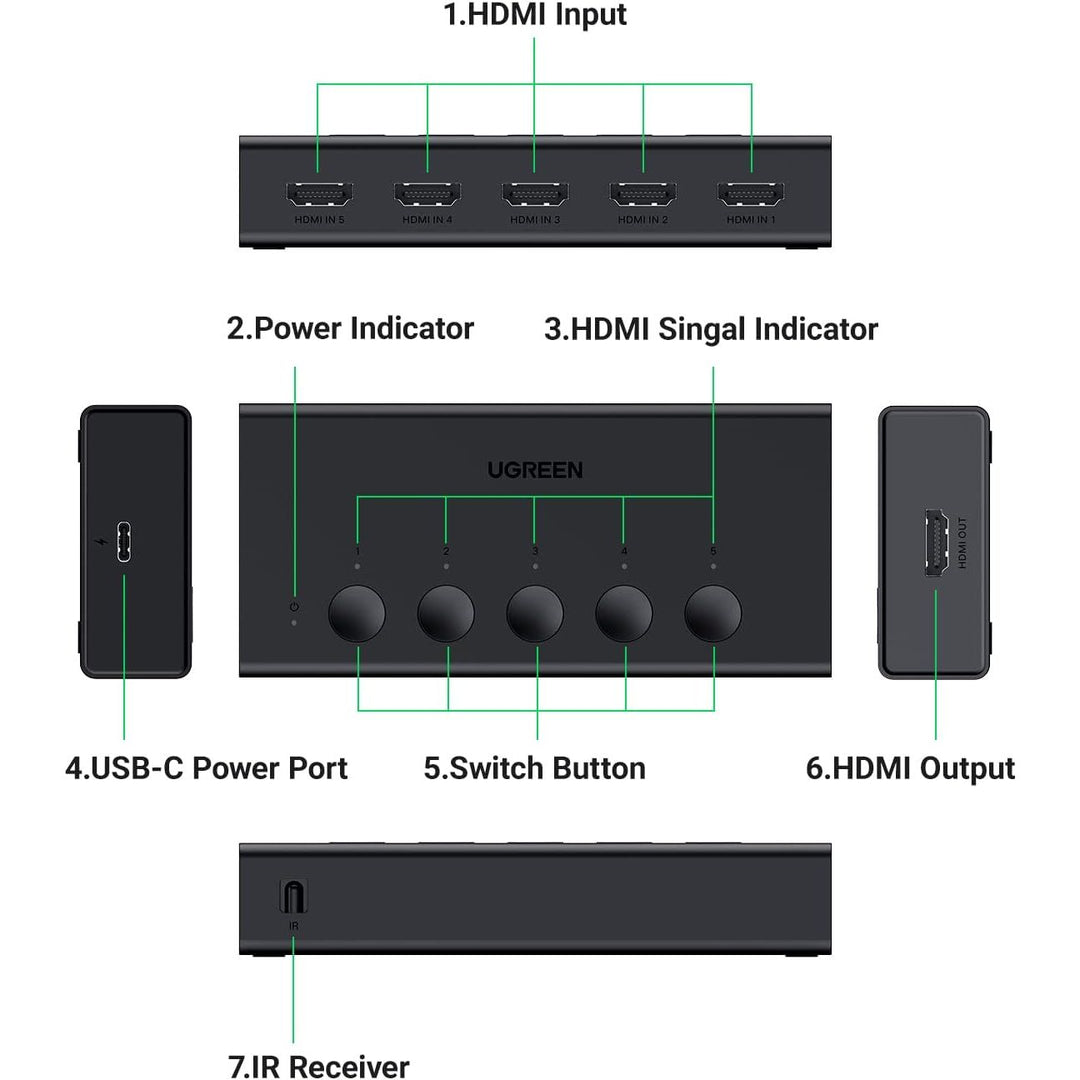 HDMI Switch 5 in 1 Out 4K@60Hz, HDMI 2.0 Switcher 5 Port with IR Remote Selector Box 4K HDR 3D Dolby Vision Atmos CEC HDCP2.2, Compatible with PS5 4 3 Xbox Switch TV Black - Just Closeouts Canada Inc.X004YWYMOB