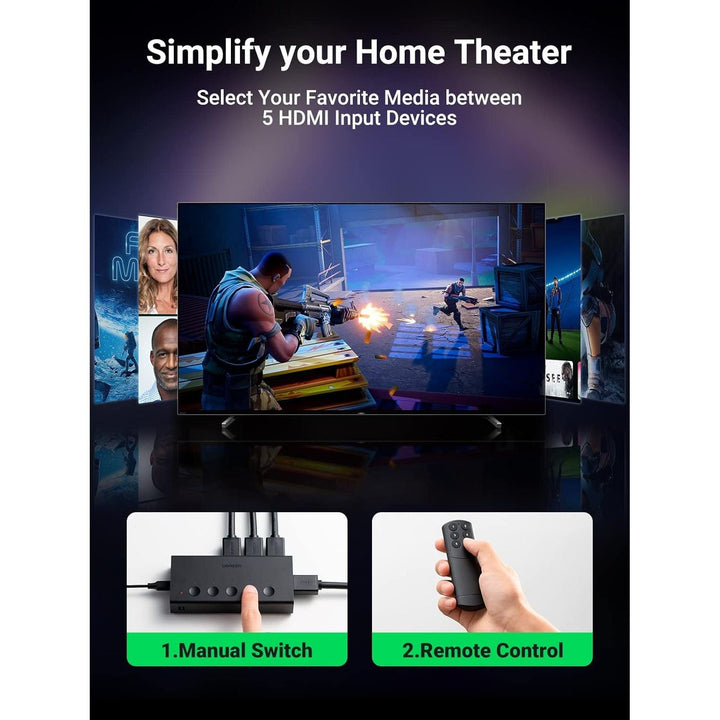 HDMI Switch 5 in 1 Out 4K@60Hz, HDMI 2.0 Switcher 5 Port with IR Remote Selector Box 4K HDR 3D Dolby Vision Atmos CEC HDCP2.2, Compatible with PS5 4 3 Xbox Switch TV Black - Just Closeouts Canada Inc.X004YWYMOB