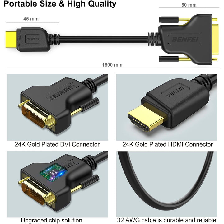 HDMI to DVI, Bi Directional DVI - D 24+1 Male to HDMI Male High Speed Adapter Cable Support 1080P Full HD Compatible for Raspberry Pi, Roku, Xbox One, PS4 PS3, Graphics Card - Just Closeouts Canada Inc.