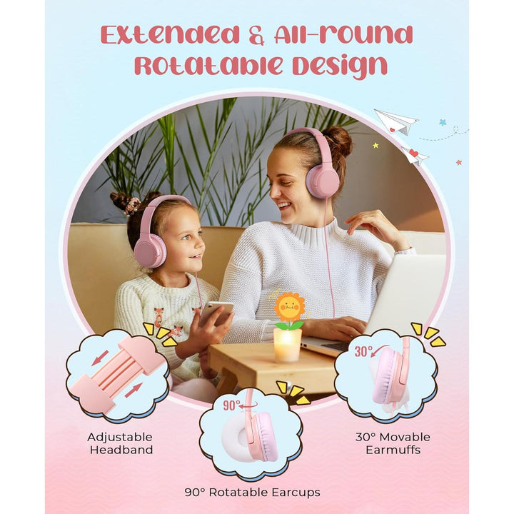 Headphones Volume Limiter 94dB, DyBaxa Safer Foldable Lightweight Over - Ear Wired Headset, Portable On Ear Headphones for Kids School Online Learning Classes Travel Tablet, 3.5mm Jack, Pink - Just Closeouts Canada Inc.