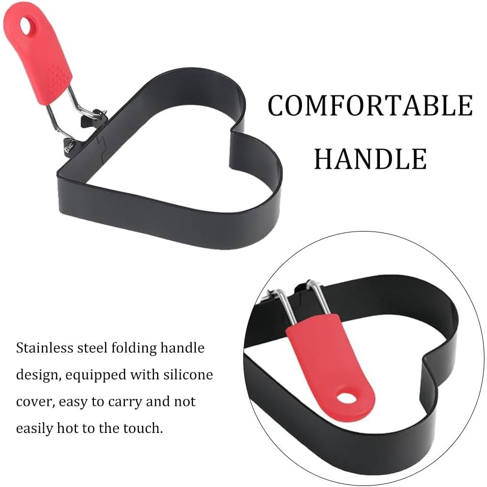 Foldable red silicone handle on heart-shaped egg ring