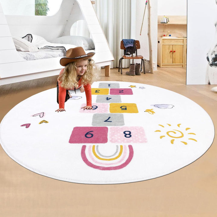 HiiARug Hopscotch Kids Rug 5ft Round Kids Rug, Ultra Soft Round Rug for Girls Bedroom, Fun and Educational Nursery Area Rug, Machine Washable Kids Play Mat (59"x59") - Just Closeouts Canada Inc.