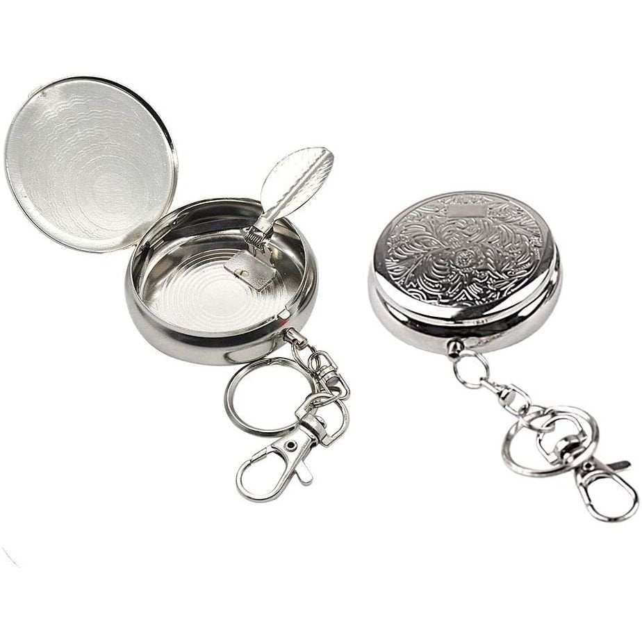 HMIEPRS 2pc Portable Pocket Ashtray/Vehicle Cigarette Ashtray, Mini Stainless Steel Ashtray with Key Chain and Cigarette Snuffer, Modern Ash Holder for Outdoor Use (Carved Pattern) - Just Closeouts Canada Inc.