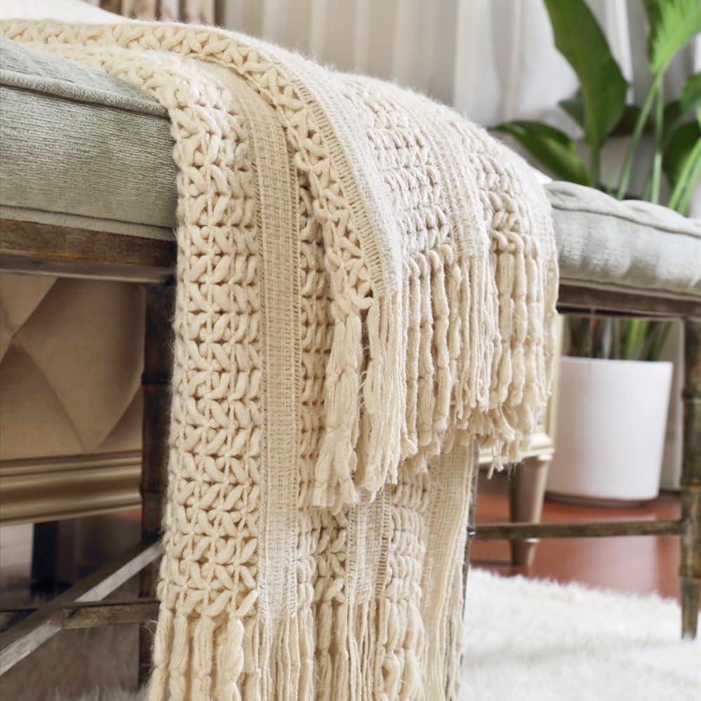 Home Decor Rustic Couch Sofa Chair Bed Throw Blanket, Soft Warm Cozy Light Weight for Travelling (127cmX152cm Beige/Ivory) - Just Closeouts Canada Inc.
