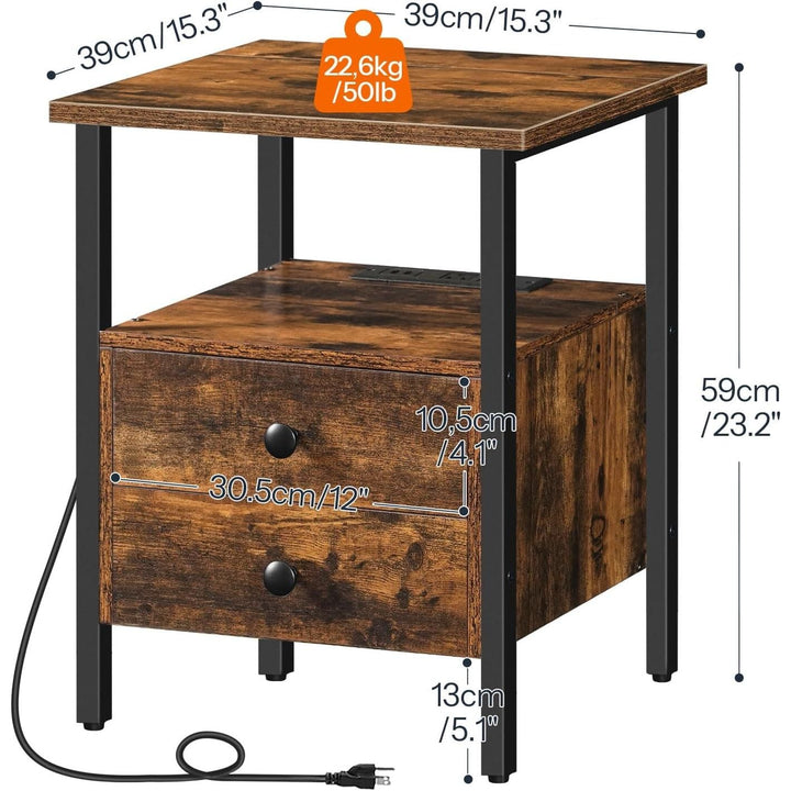 Hoobro Set of 2 End Table with Charging Station, Bedside Table with 2 Drawers, USB Ports & Power Outlets, Rustic Brown - Just Closeouts Canada Inc.