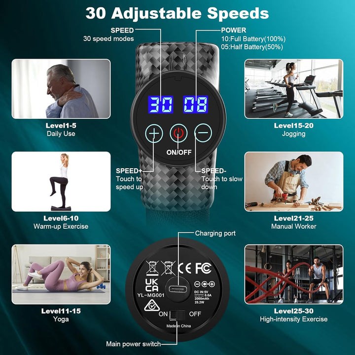 Hoposo Massage Gun Powerful Portable Sports Massage Gun with 30 Speeds 8 Massager Heads, High Speed Quiet Motor Massager Gun, LCD Screen, Carry Case, Gift for Men Women - Just Closeouts Canada Inc.