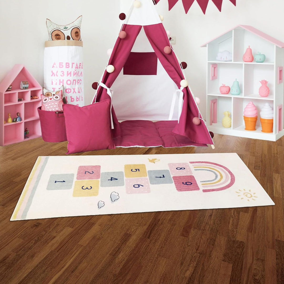 Hopscotch Kids Rug 27" x63" Fun and Educational Playroom Rug Soft Durable Rainbow Floor Carpet Kid’s Play Mat for Bedroom, Playroom, Nursery, Gift for Girls & Boys(Colorful) - Just Closeouts Canada Inc.X0032E98UP