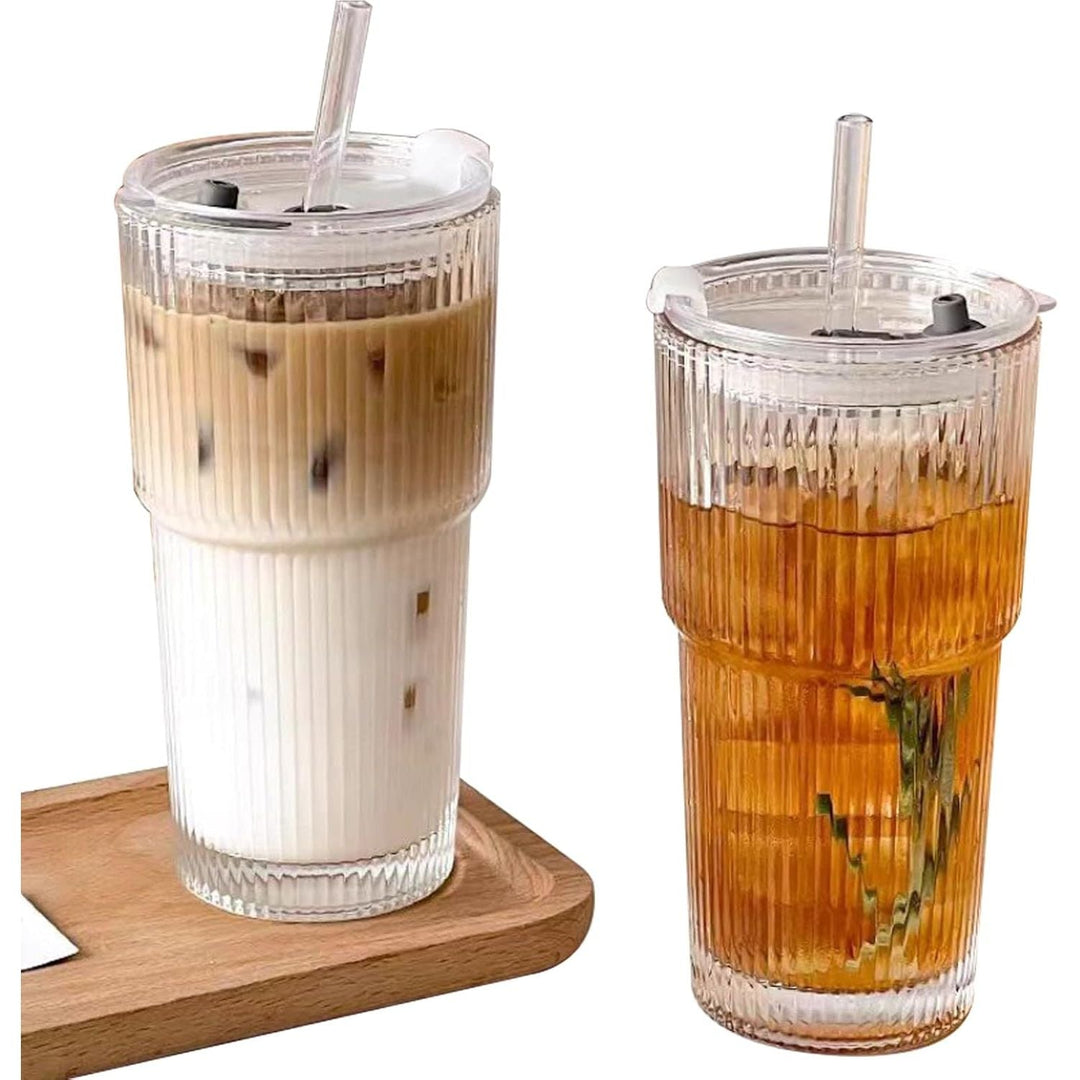 Hosck 2 Pack Glass Cups, 600ML Clear Glass Tumbler with Lid & Straw, Iced Coffee Cup with Lids, Clear Matcha Cup, Drinking Glasses for Coffee, Juice, Tea, Matcha, Cocktail - Just Closeouts Canada Inc.