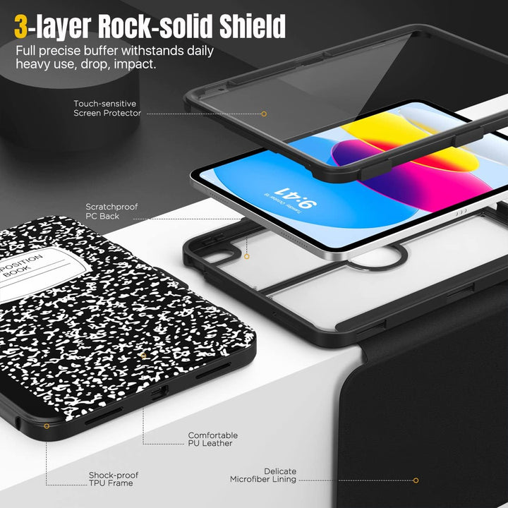 iPad 11 - inch (A16) 11th Generation Case 2025/ iPad 10th Generation Case with Pencil Holder 2022 10.9 inch, Built - in Screen Protector Clear Back, Multi Angle Viewing Stand, Notebook Black - Just Closeouts Canada Inc.