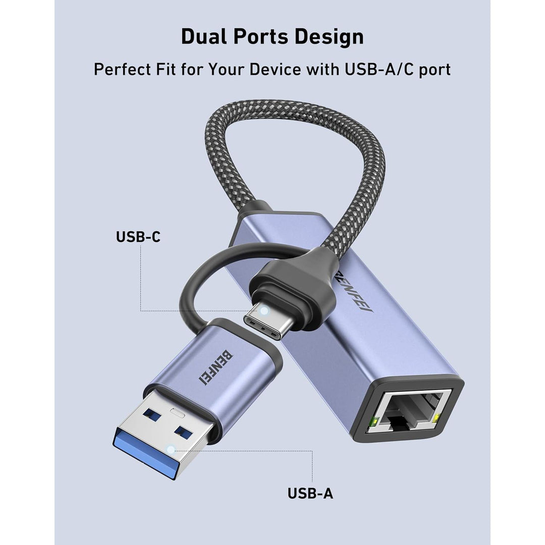 USB-A and USB-C to RJ45 Gigabit Ethernet adapter, view 3