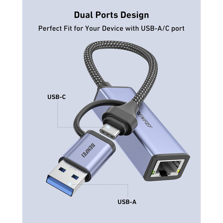 USB-A and USB-C to RJ45 Gigabit Ethernet adapter, view 3